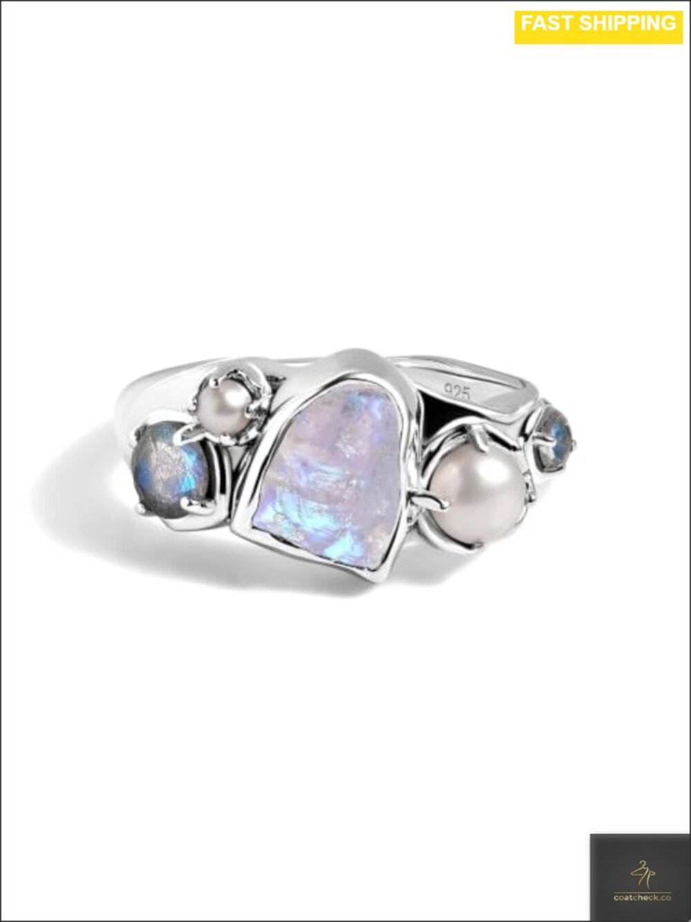 Moonstone Labradorite Pearl Sterling Silver Plated Halo Statement Ring